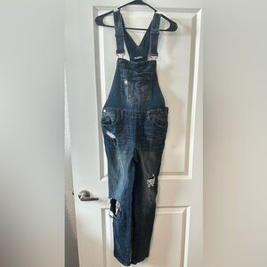 Blue Spice Denim Overalls Size 7 Distressed Medium Wash Stretch Straight Leg
